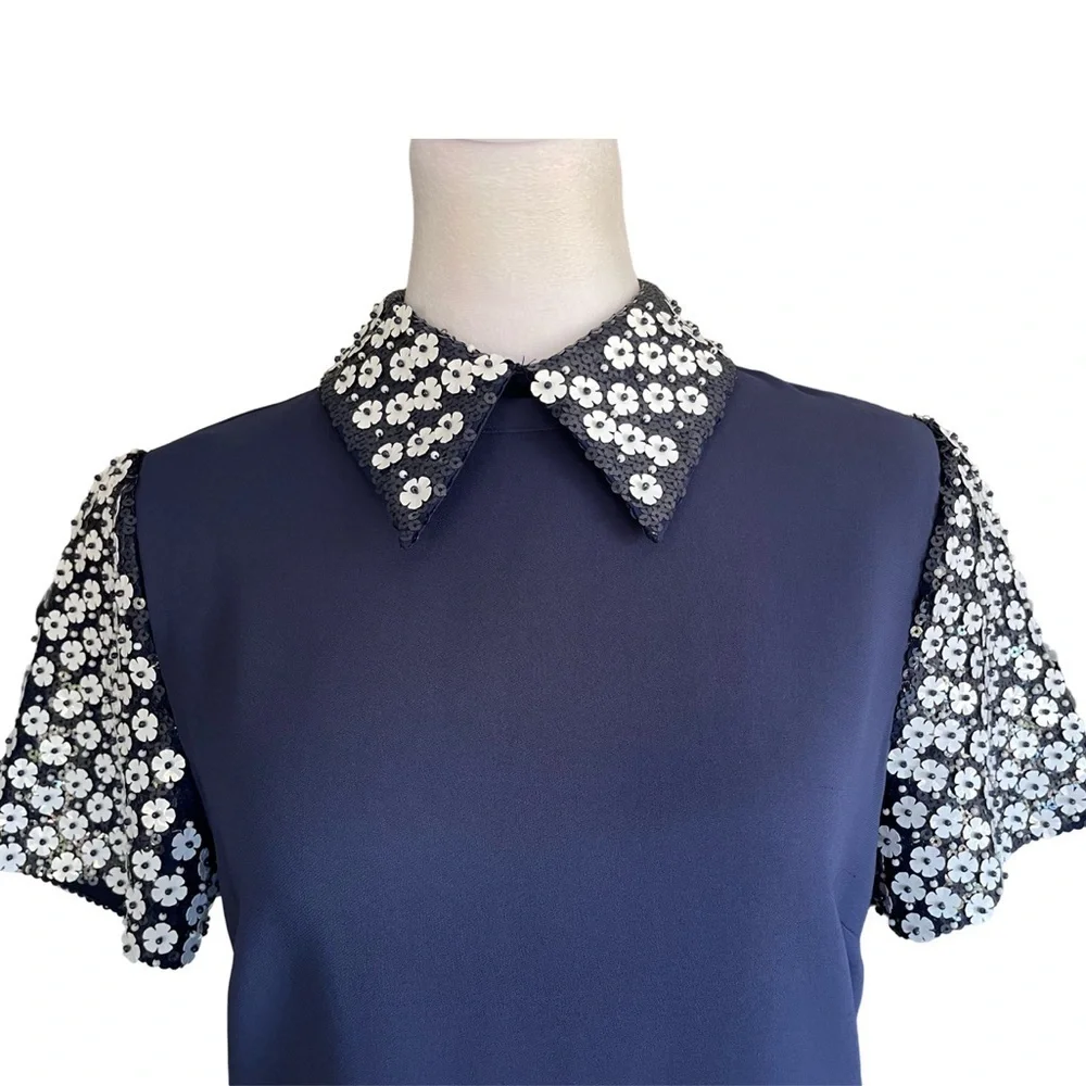 Michael Kors Floral Appliqué Collared Shift Dress Navy Blue and White Size 8